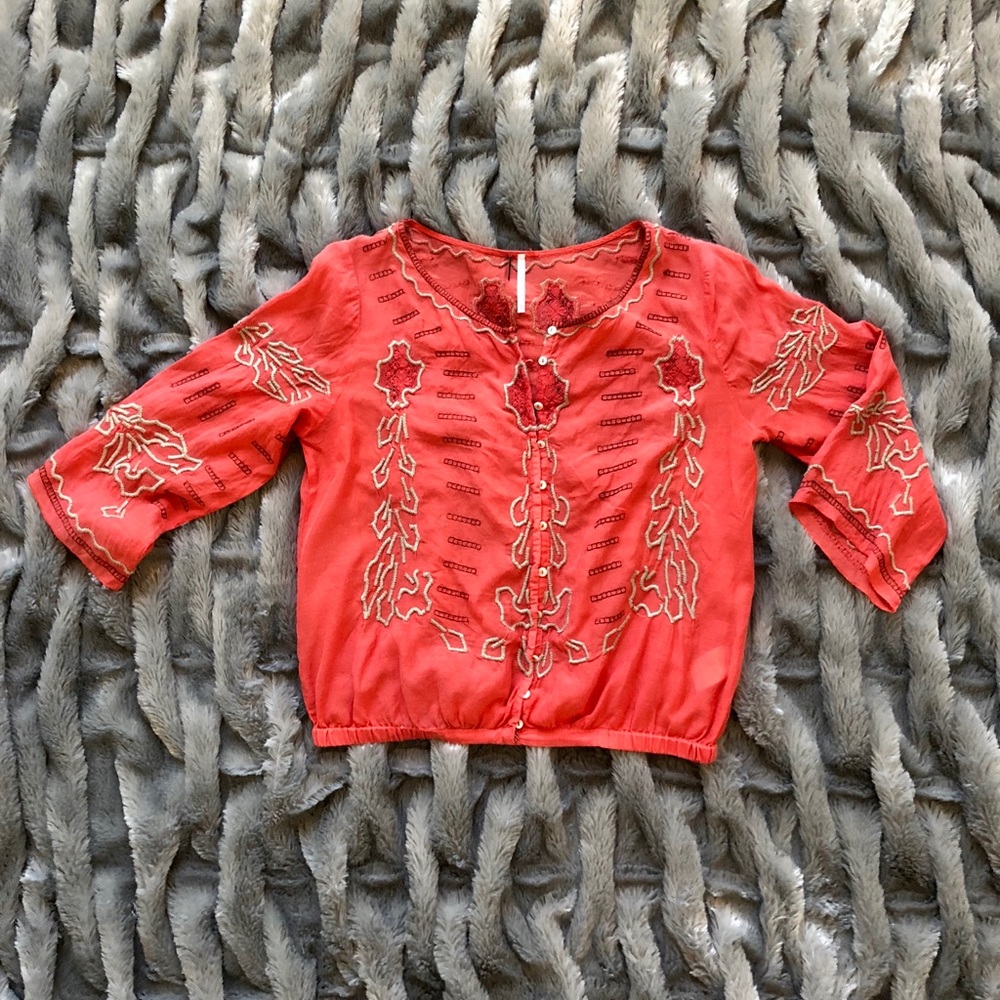 Free People Embroidered Button-up Top - Orange, XS